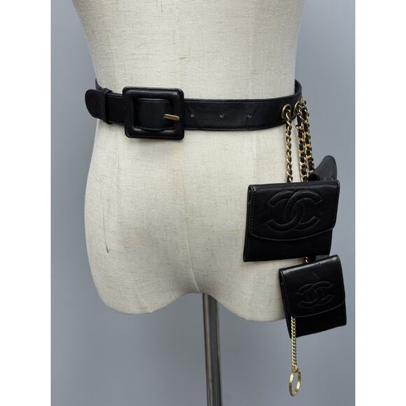 Chanel Vintage 1990 Waist Belt Multi Pouch Black Leather - Picture 3 of 13